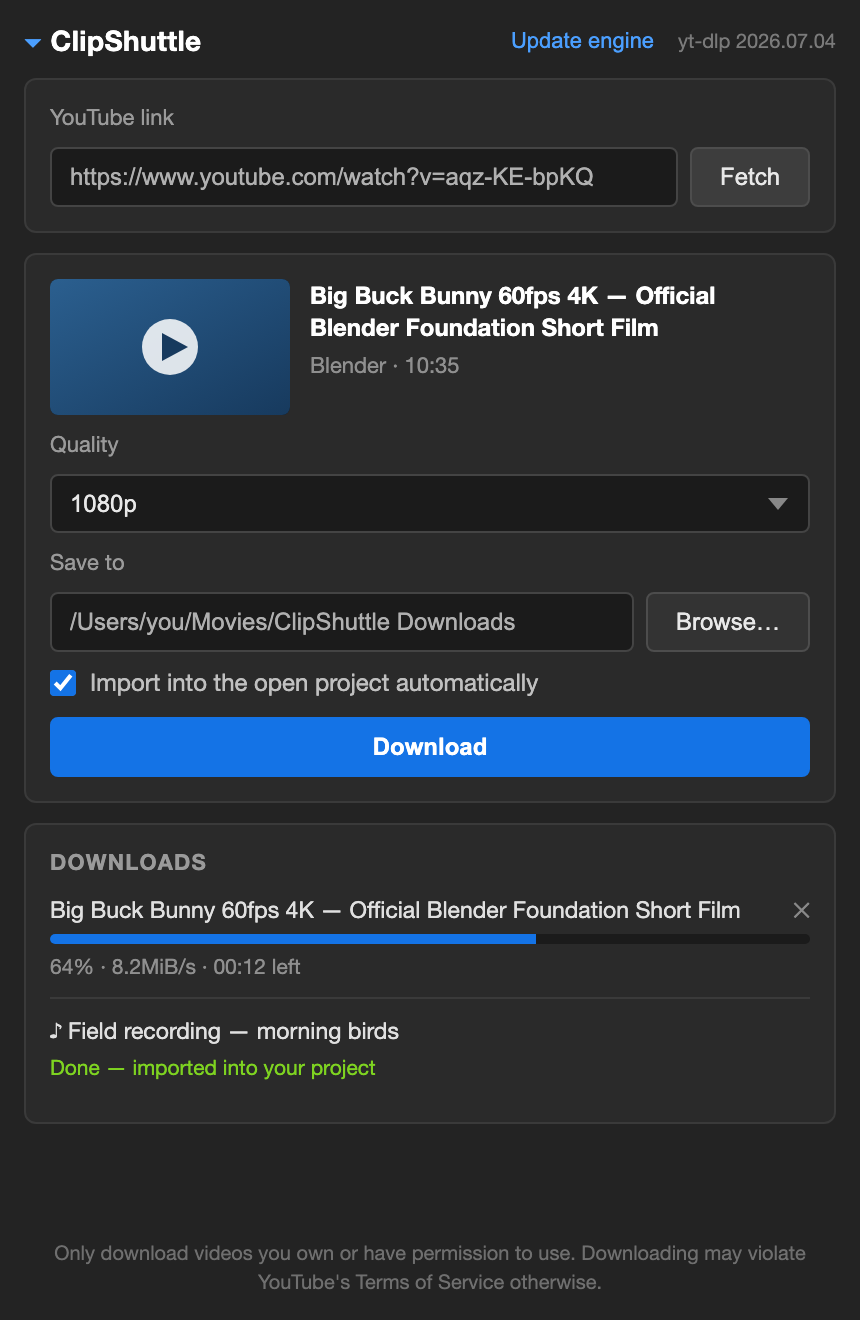 The ClipShuttle panel inside Premiere Pro: a pasted YouTube link, a quality menu offering 4K down to 360p, and a download in progress at 64%